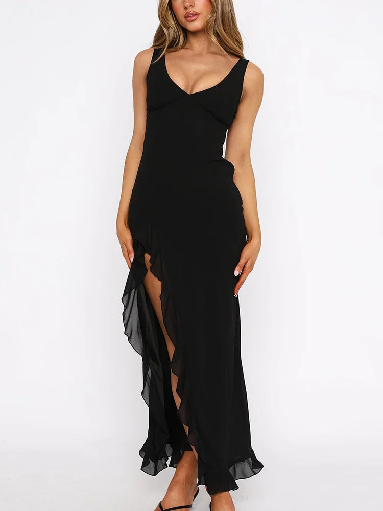 Chiffon Deep V Neckline Sleeveless Ankle Length Ruffle Slit Prom Dress With Slit